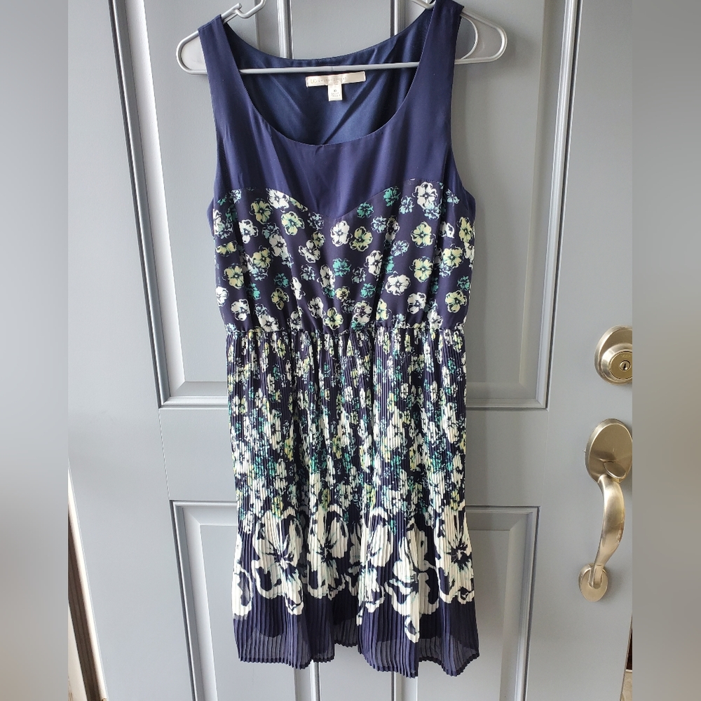 Lauren Conrad sleeveless, pleated, navy floral dress.